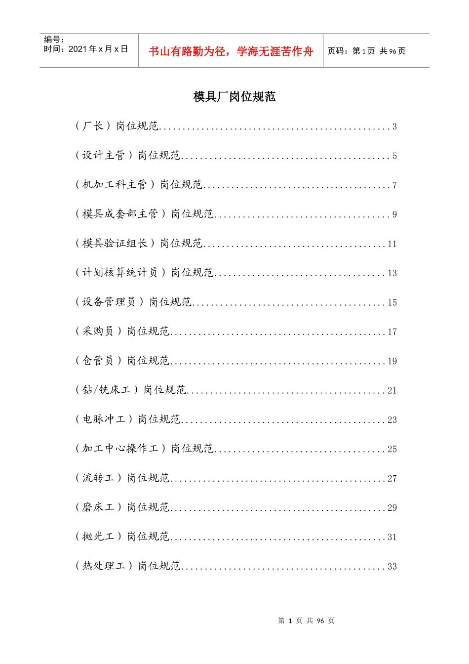 模具厂岗位规范标准_第1页