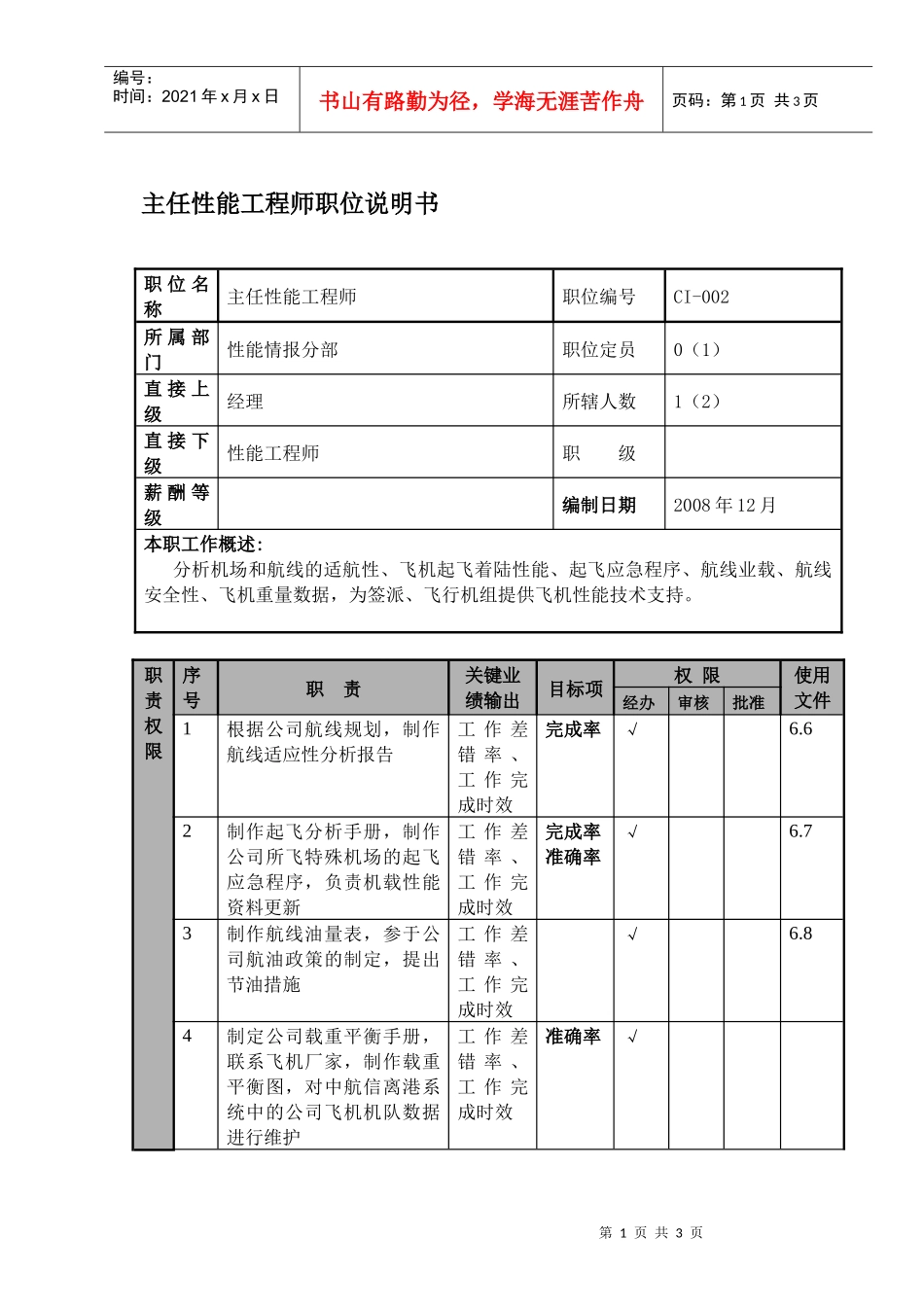 某航空物流公司主任性能工程师职位说明书及关键绩效标准_第1页