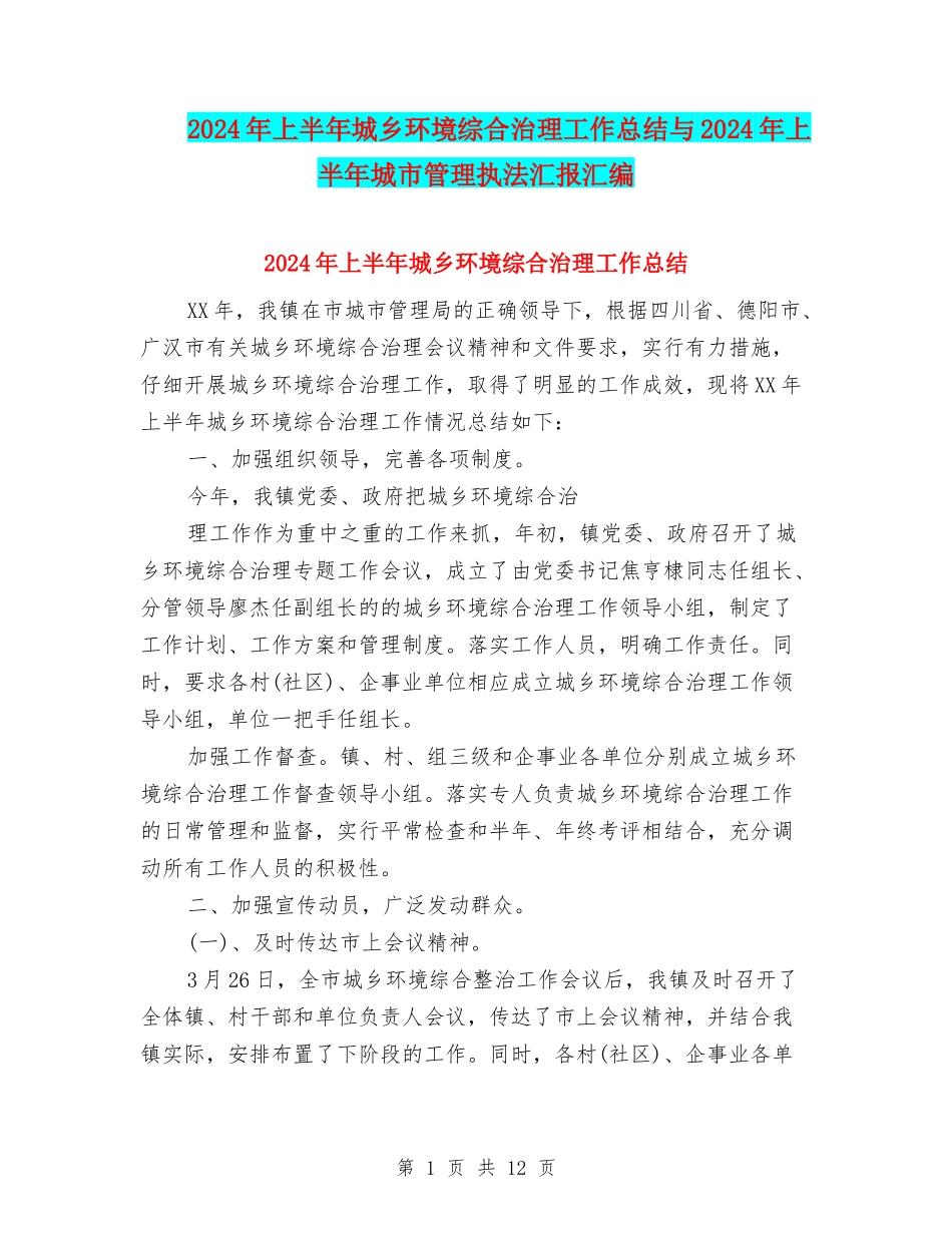 2024年上半年城乡环境综合治理工作总结与2024年上半年城市管理执法汇报汇编_第1页