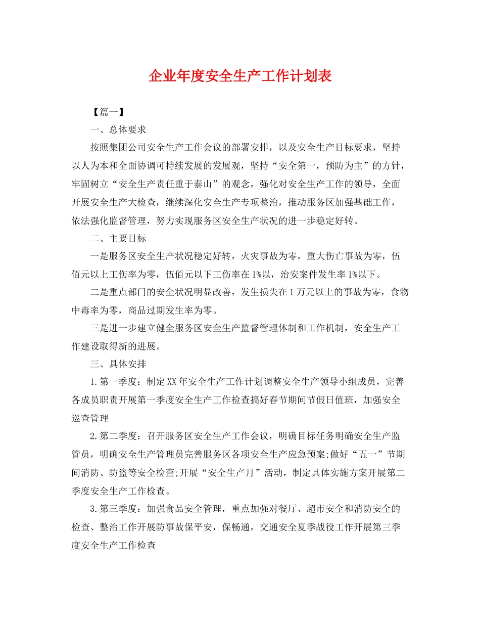 企业2020年度安全生产工作计划表 _第1页