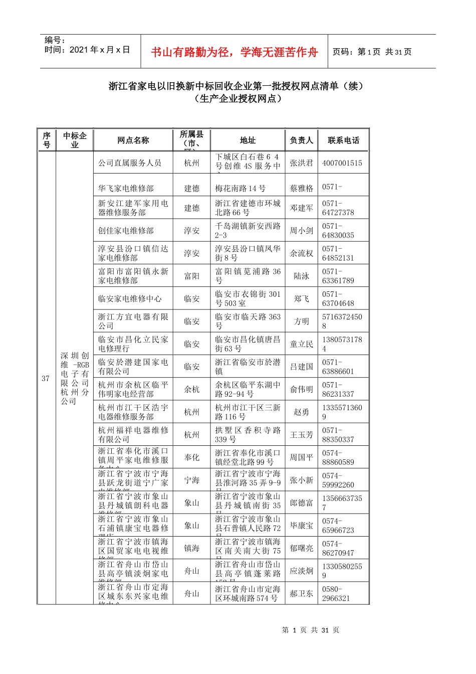 浙江省家电以旧换新中标回收企业第一批授权网点清单(续..._第1页