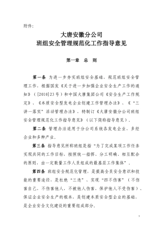 某公司班组安全管理规范化工作指导意见