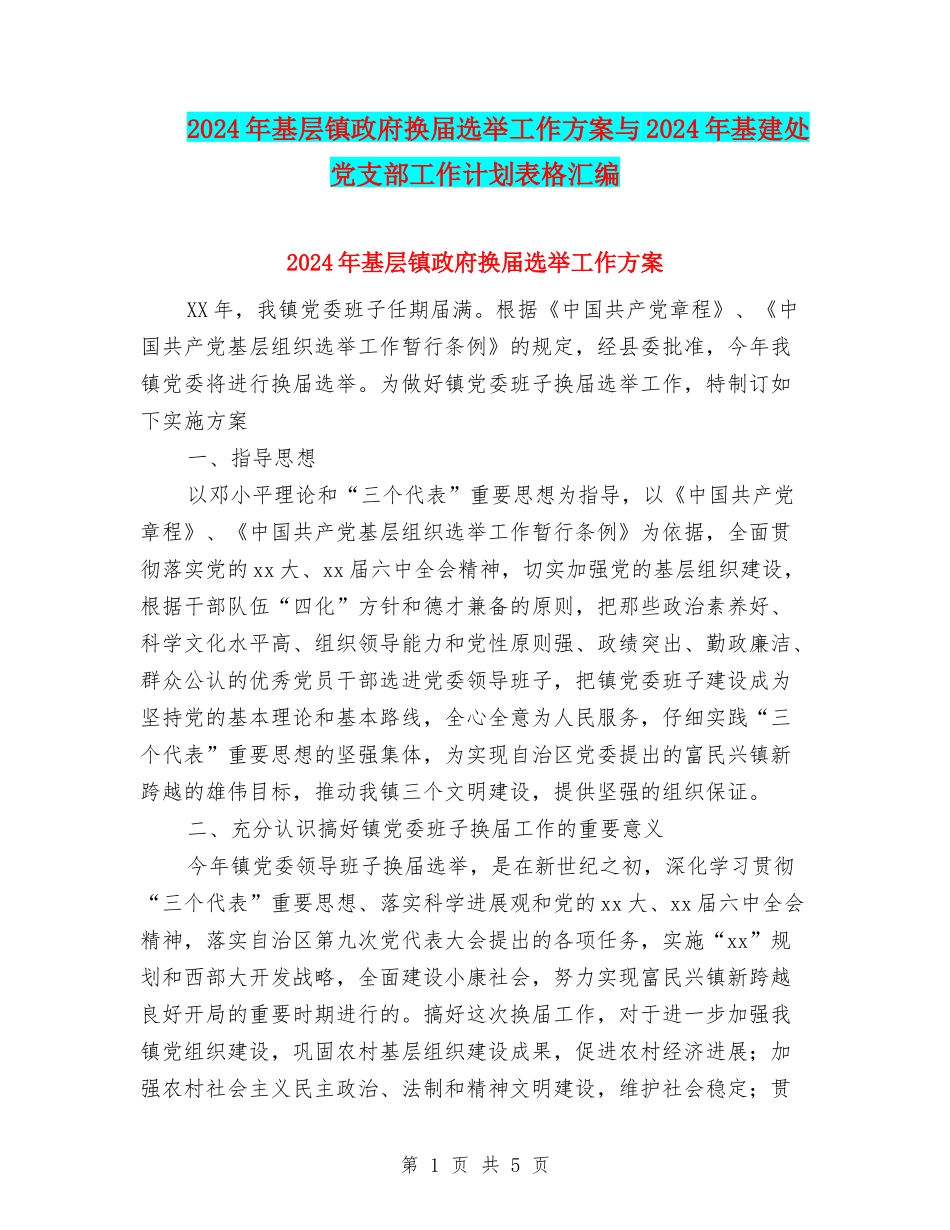 2024年基层镇政府换届选举工作方案与2024年基建处党支部工作计划表格汇编_第1页