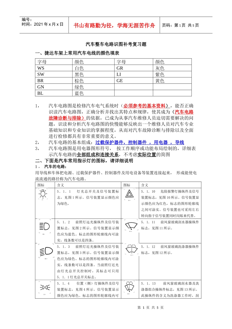 汽车整车电路识图补考复习题_第1页