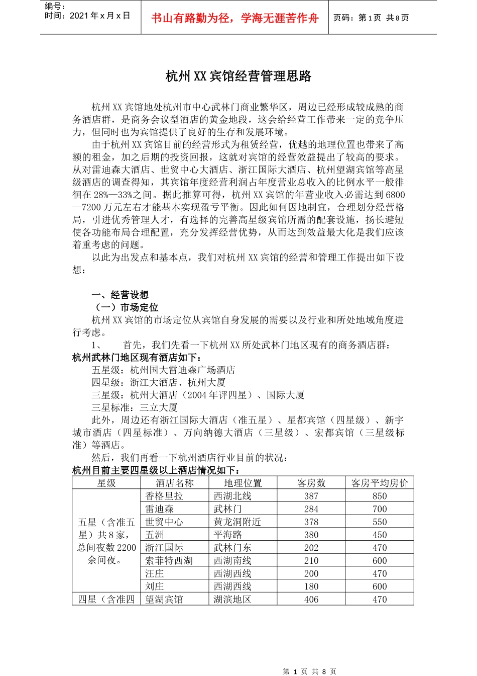 杭州某宾馆经营设想与管理思路_第1页