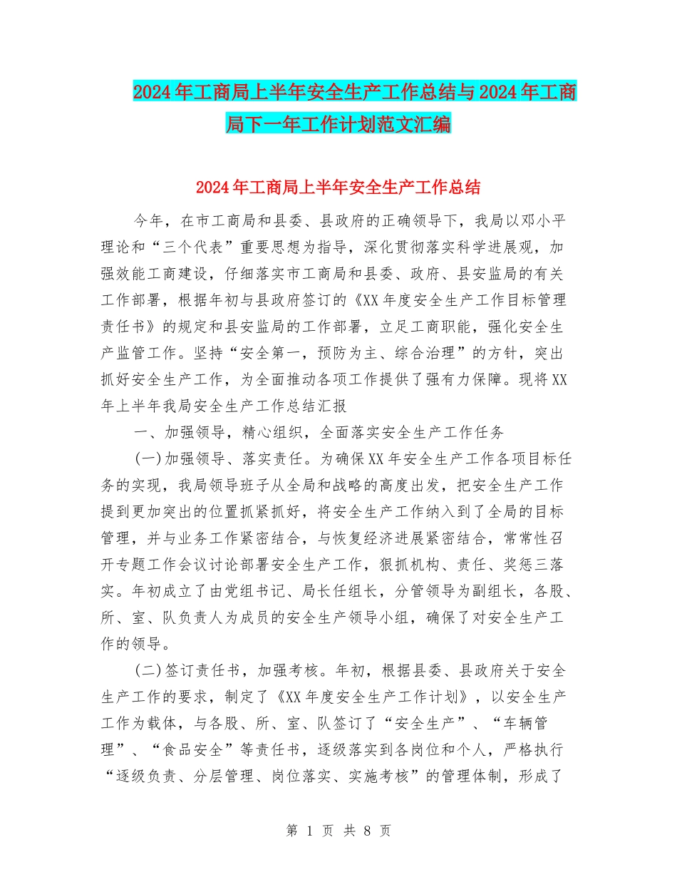 2024年工商局上半年安全生产工作总结与2024年工商局下一年工作计划范文汇编_第1页