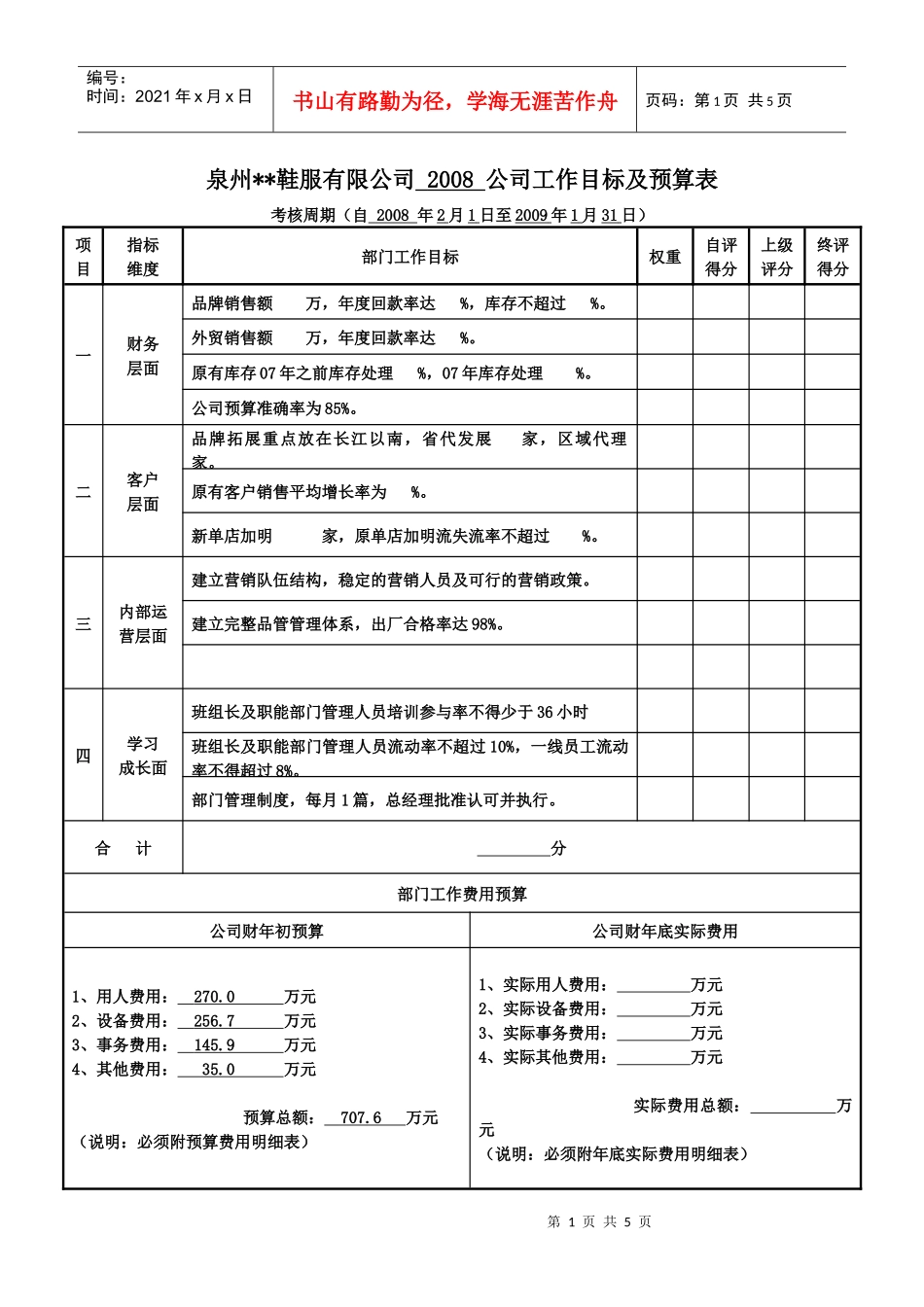 某服装鞋业公司部门年度目标考核及预算_第1页