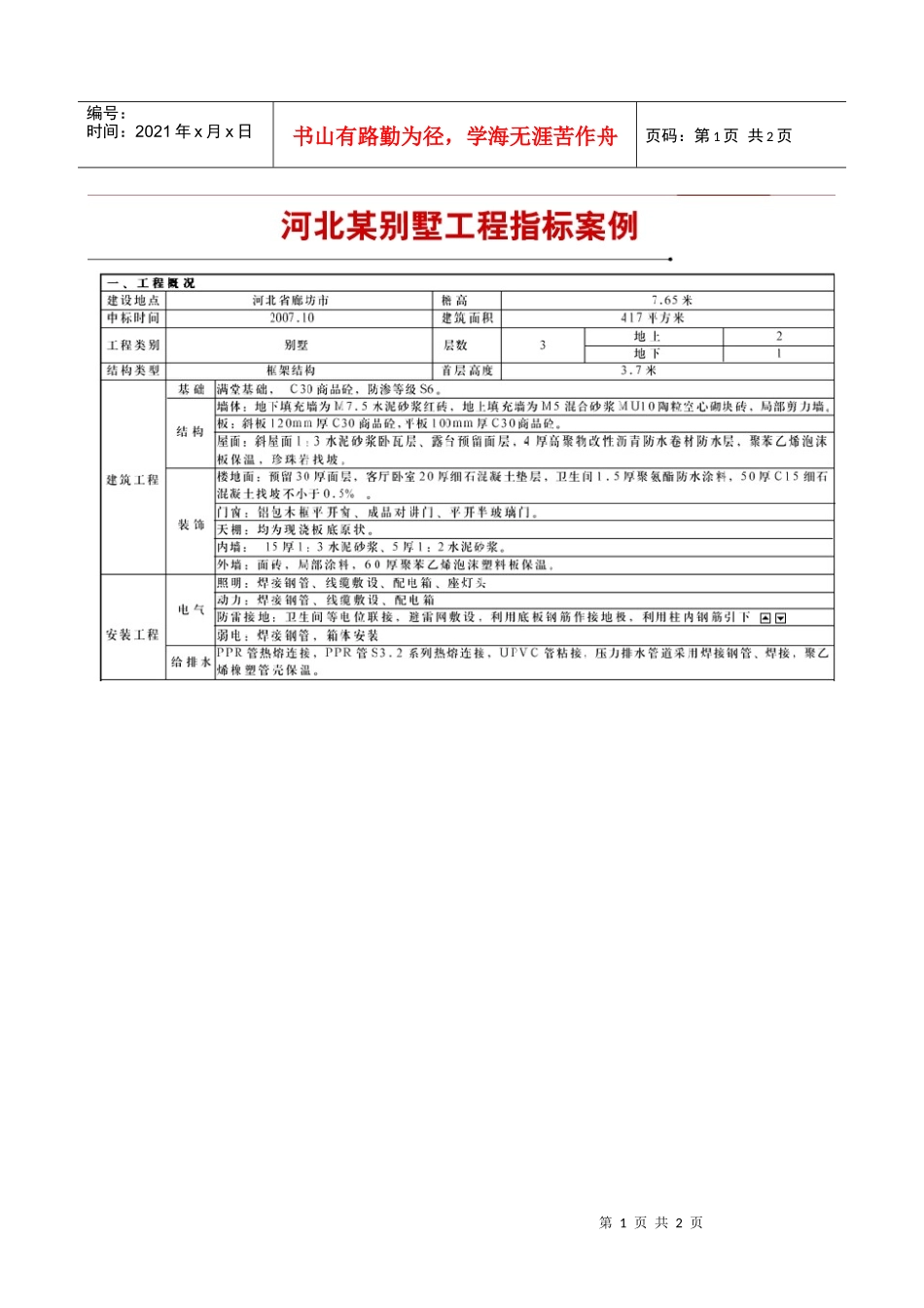 河北某别墅工程指标案例_第1页