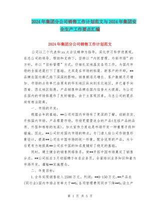 2024年集团分公司销售工作计划范文与2024年集团安全生产工作要点汇编