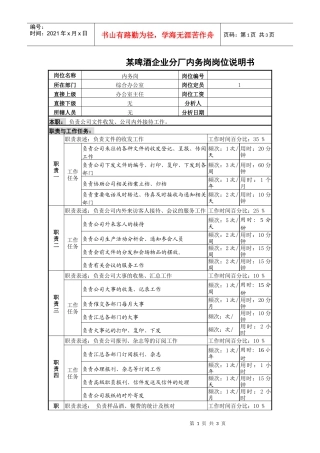 某啤酒企业分厂内务岗岗位说明书