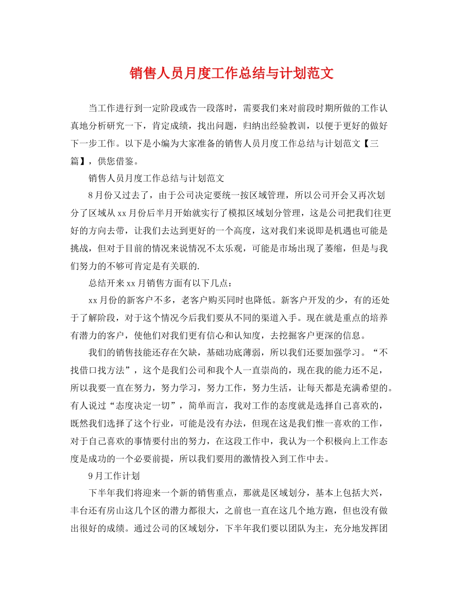 销售人员月度工作总结与计划范文 _第1页