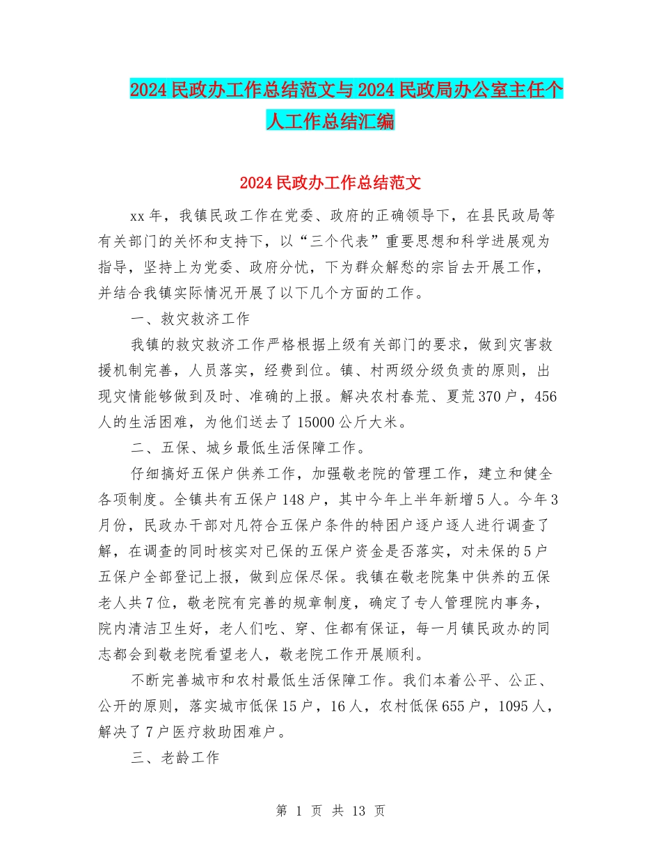 2024民政办工作总结范文与2024民政局办公室主任个人工作总结汇编_第1页