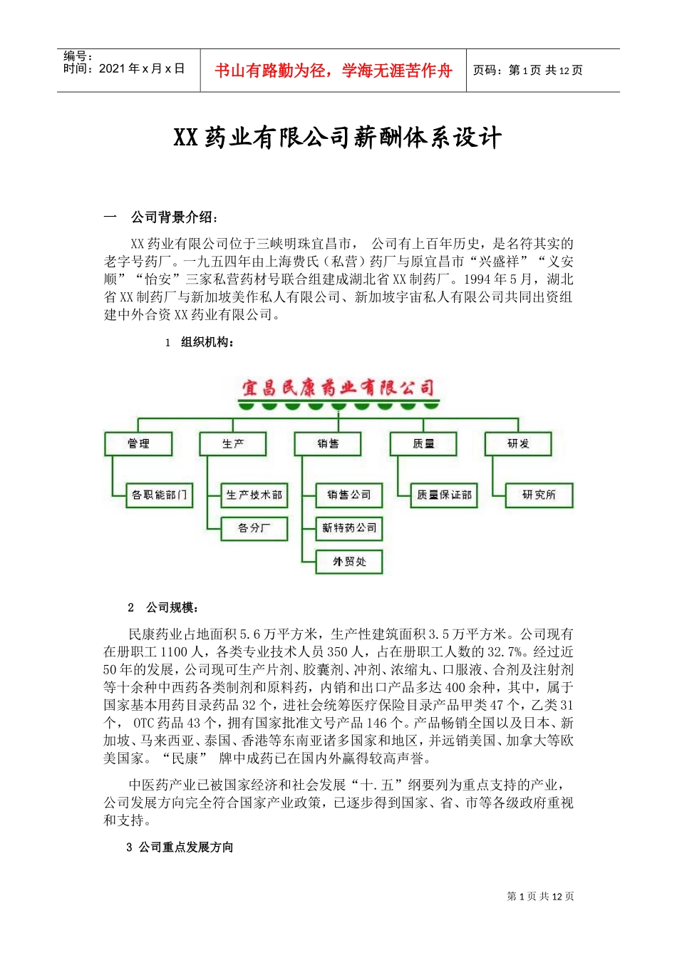 某某药业有限公司薪酬管理体系_第1页