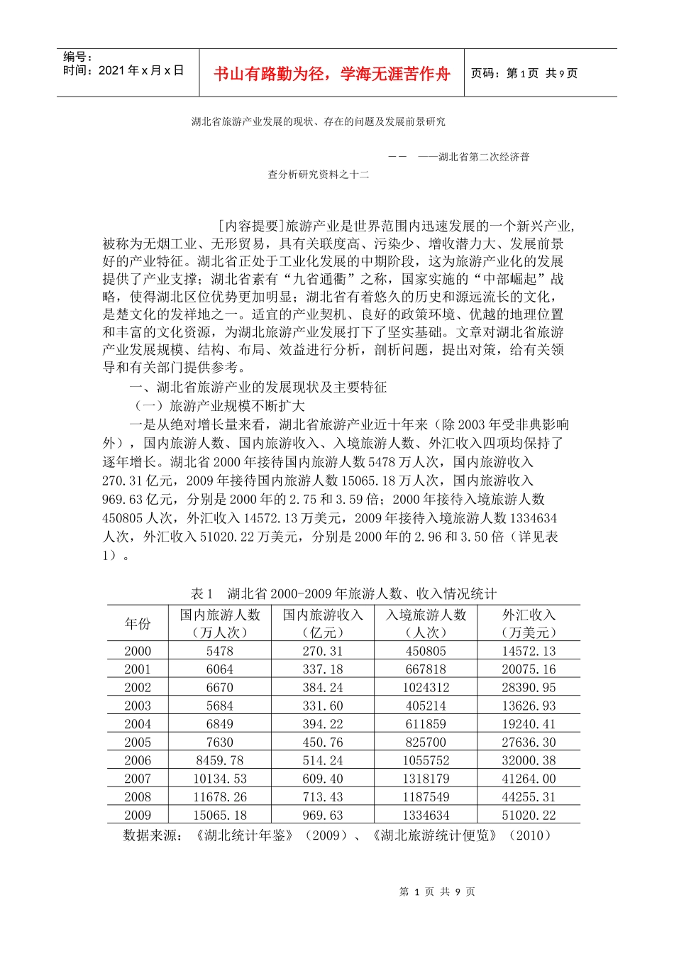 湖北省旅游产业发展的现状、存在的问题及发展前景研究_第1页