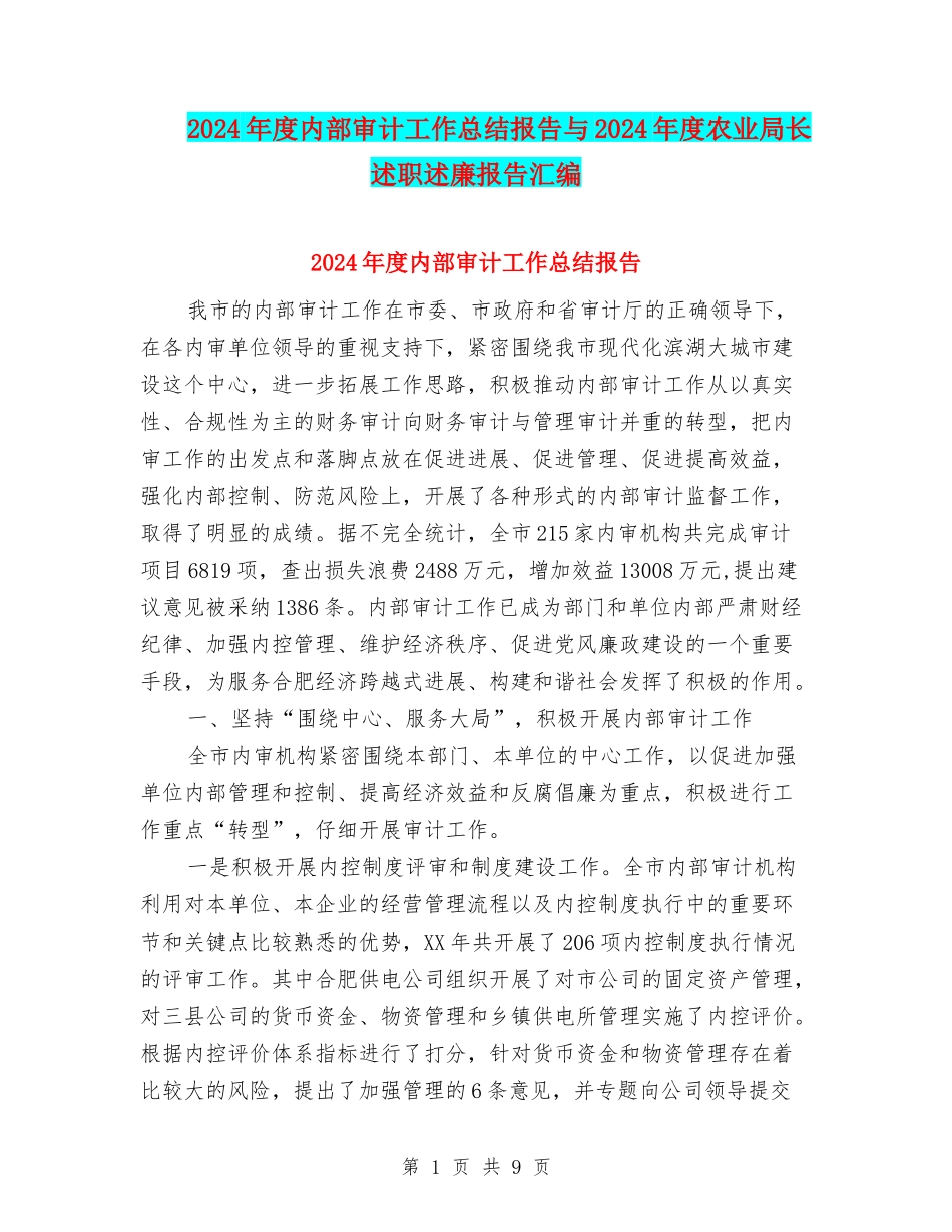 2024年度内部审计工作总结报告与2024年度农业局长述职述廉报告汇编_第1页