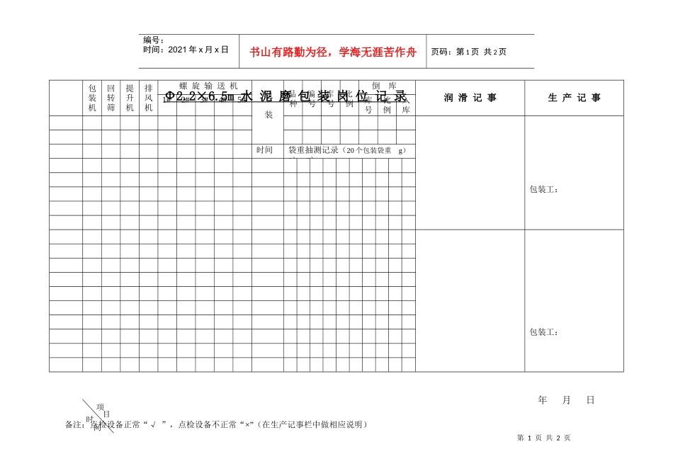 ￠2.2×6.5m水泥磨包装岗位记录_第1页