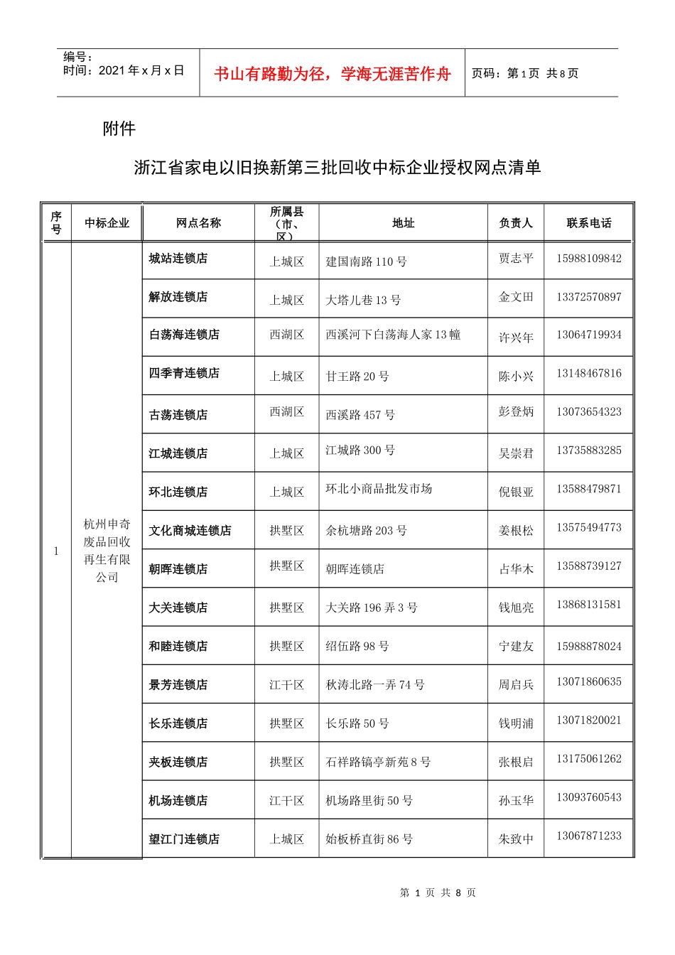 浙江省家电以旧换新第三批回收中标企业授权网点清单doc-_第1页