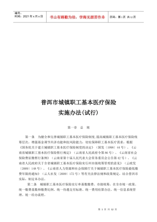 普洱市城镇职工基本医疗保险实施制度
