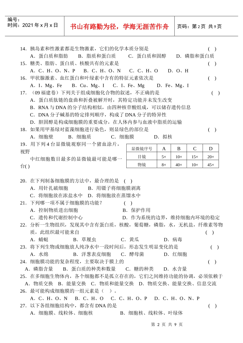 生物(新人教版)必修一第1～4章检测题_第2页