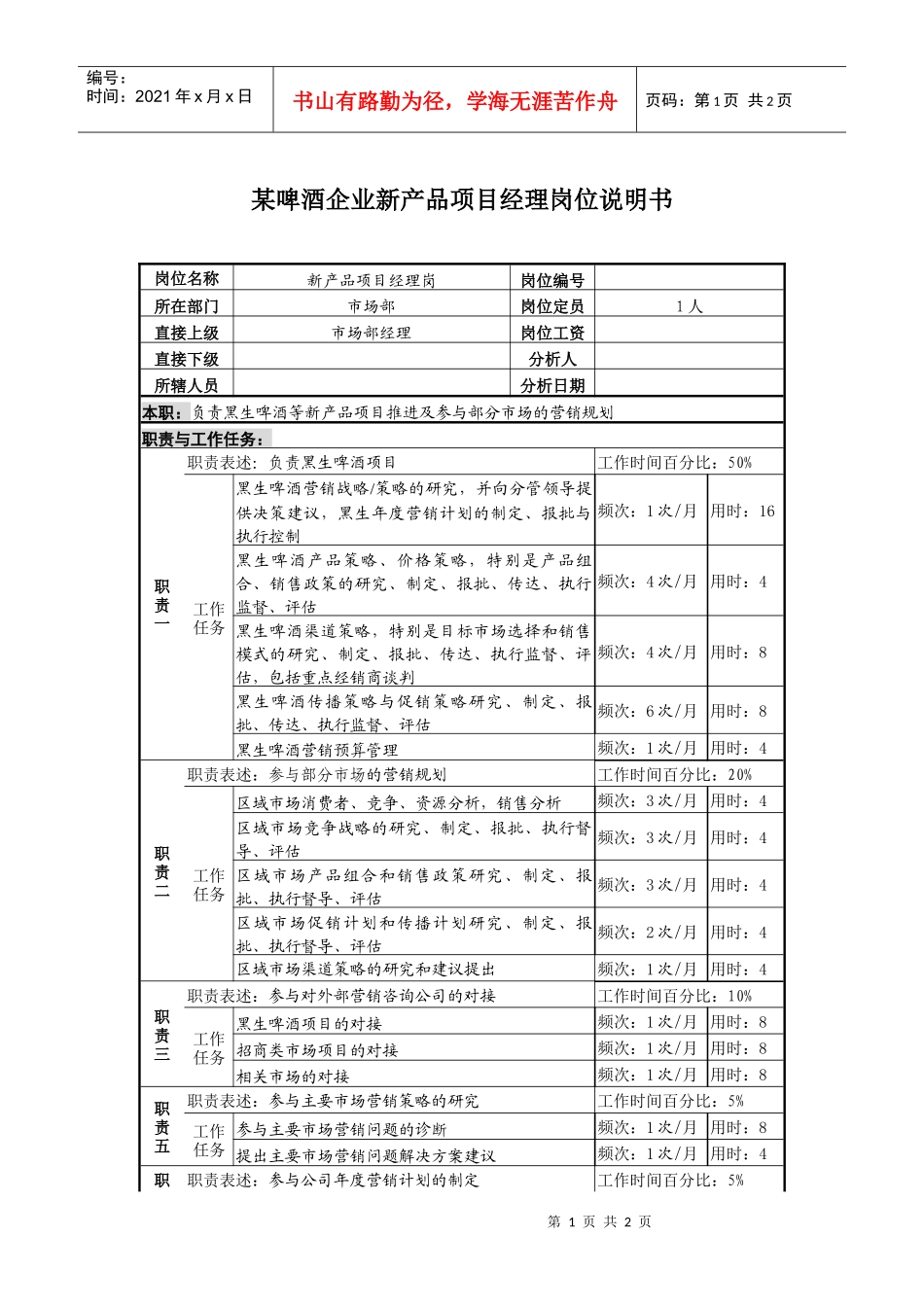 某啤酒企业新产品项目经理岗位说明书_第1页