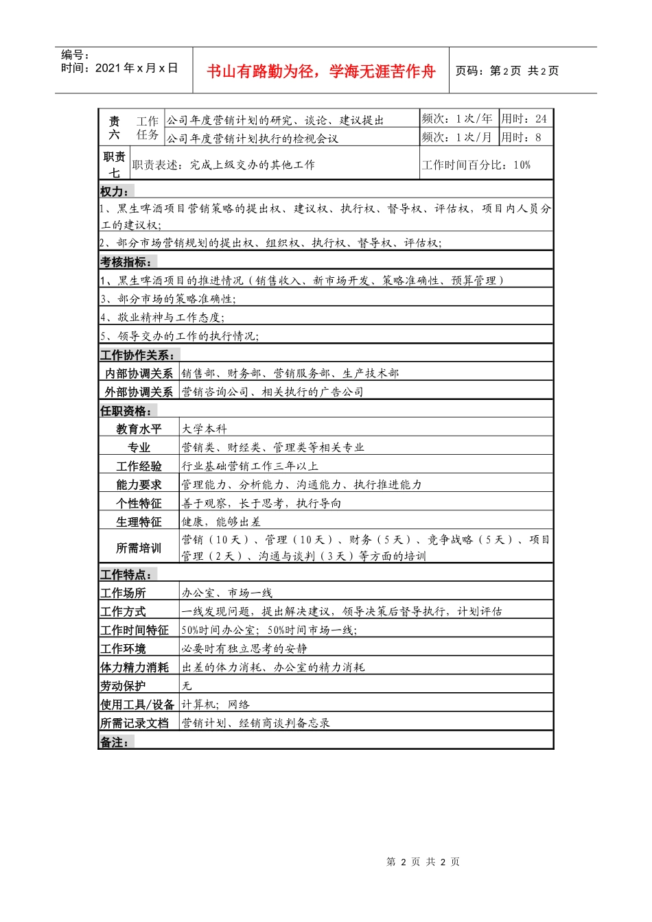 某啤酒企业新产品项目经理岗位说明书_第2页