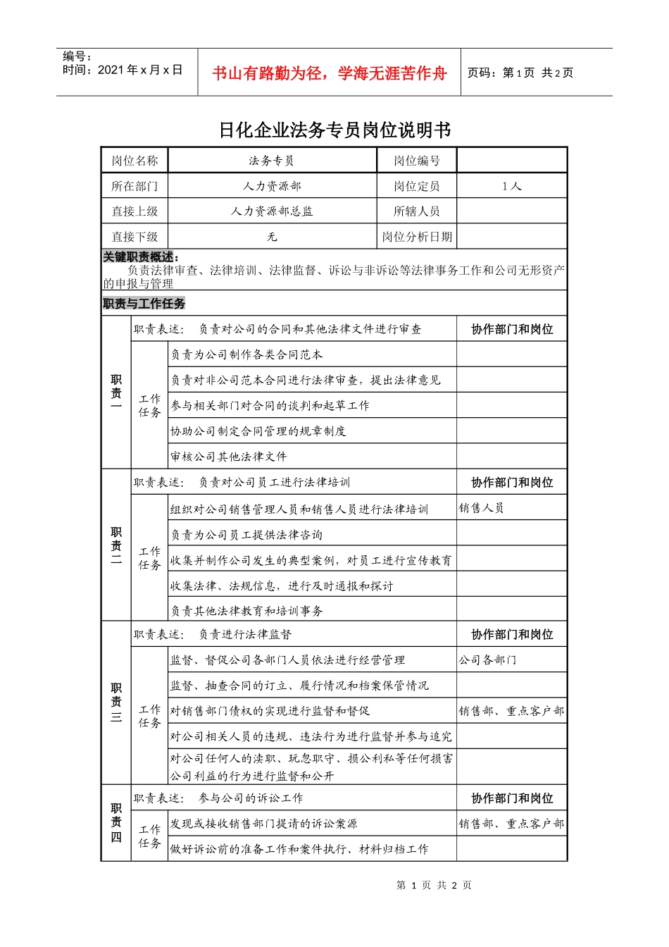 日化企业法务专员岗位说明书_第1页