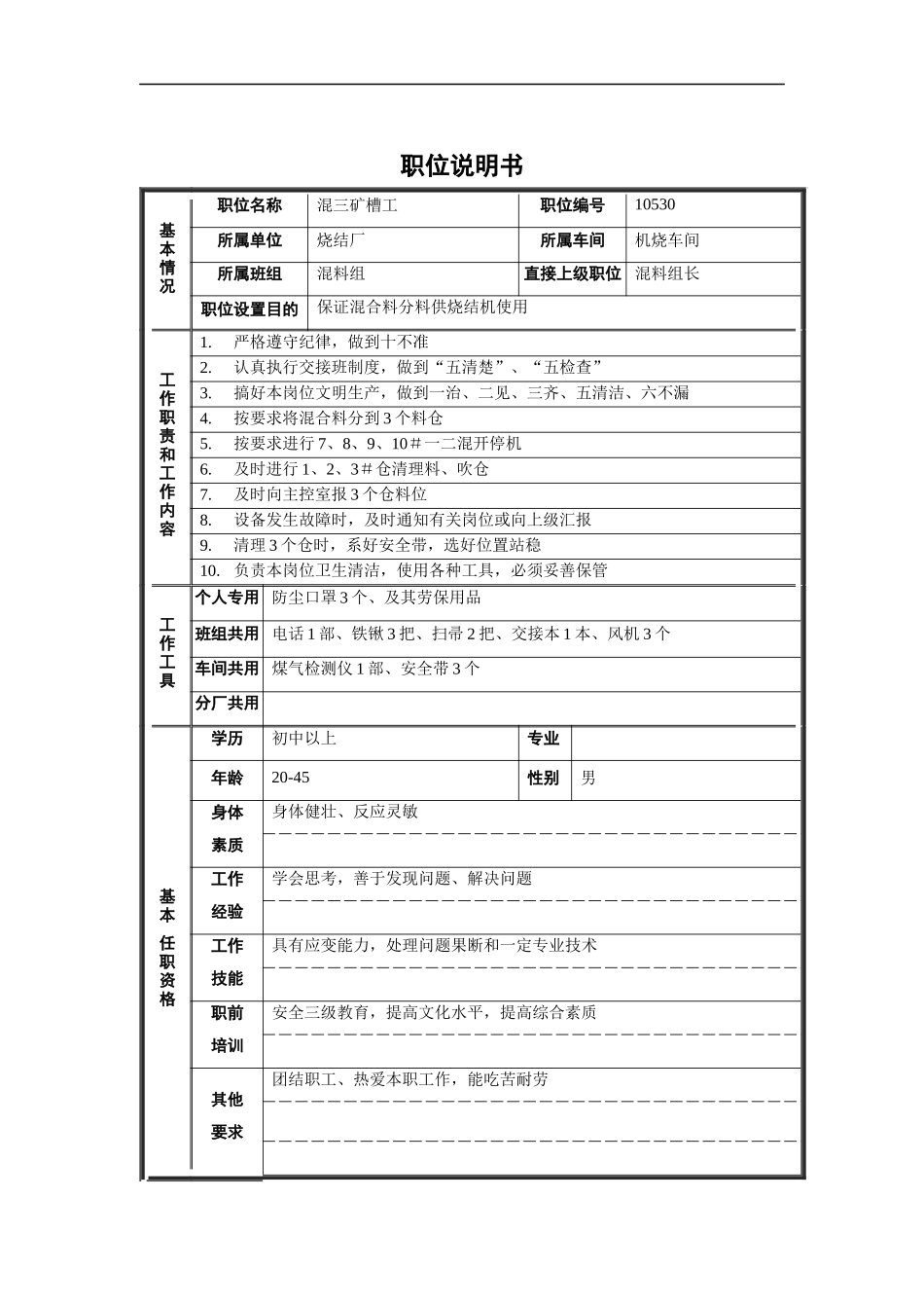 烧结厂机烧混料组混三矿槽工职位说明书_第1页