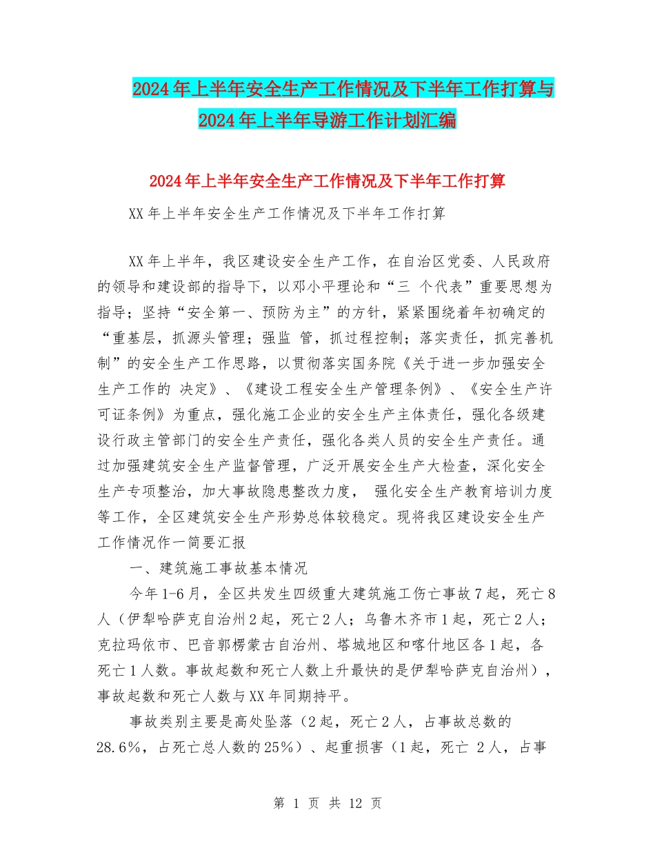2024年上半年安全生产工作情况及下半年工作打算与2024年上半年导游工作计划汇编_第1页
