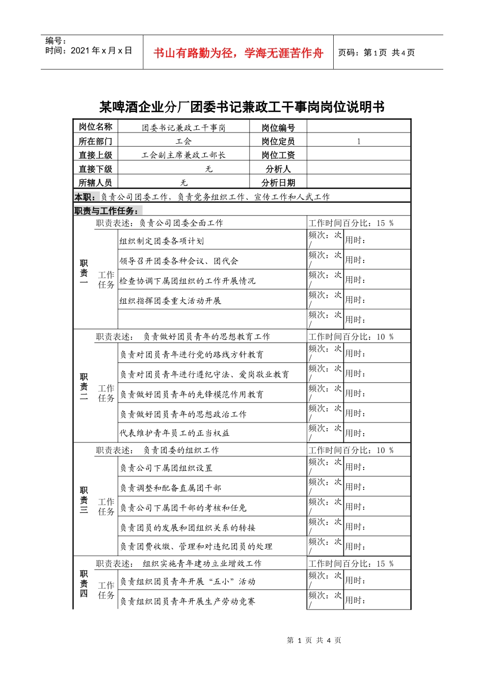 某啤酒企业分厂团委书记兼政工干事岗岗位说明书_第1页