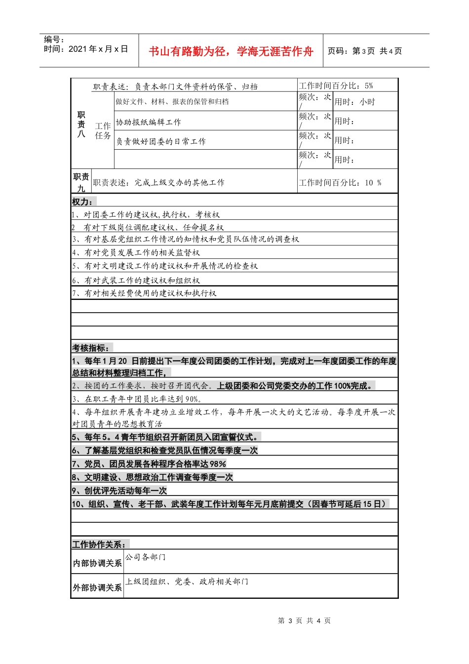 某啤酒企业分厂团委书记兼政工干事岗岗位说明书_第3页