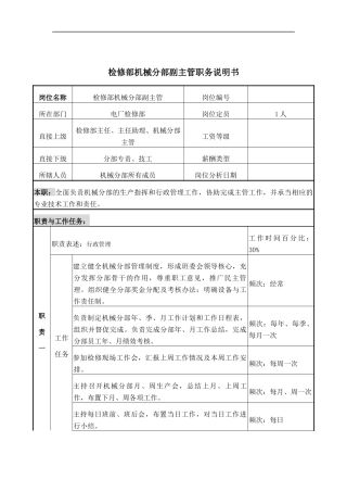 检修机械副主管岗位说明书