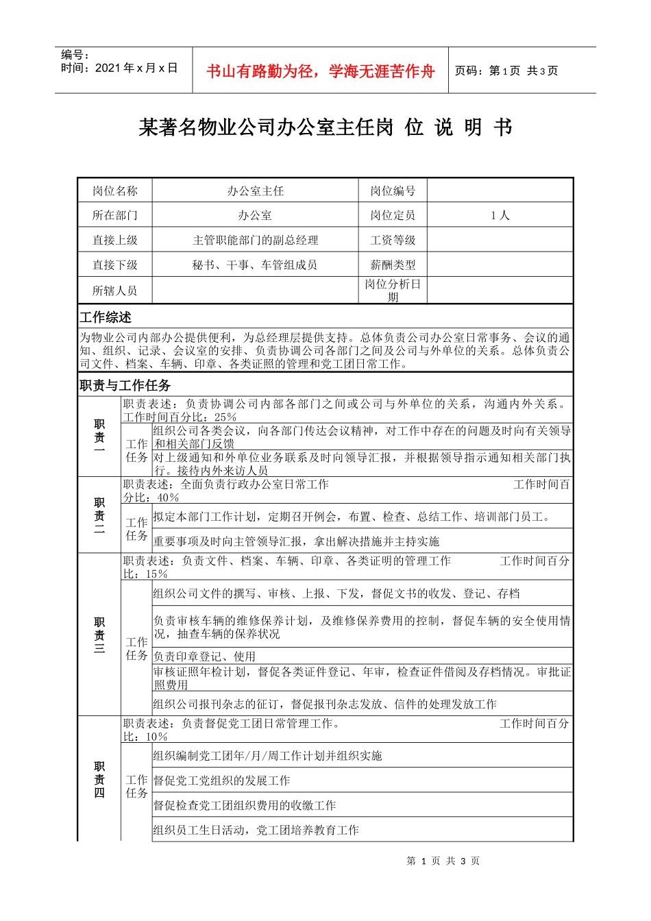 某著名物业公司办公室主任岗位说明书_第1页
