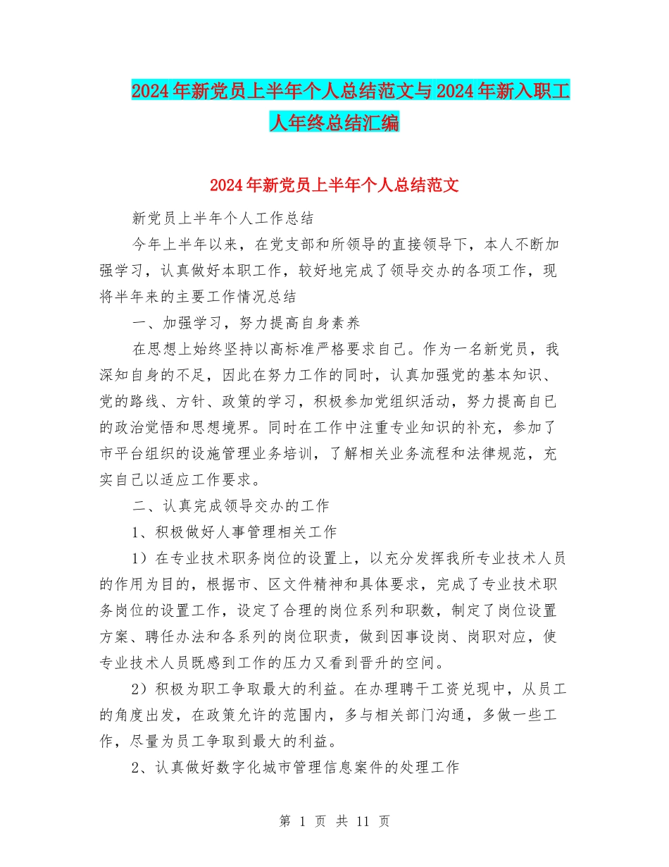 2024年新党员上半年个人总结范文与2024年新入职工人年终总结汇编_第1页