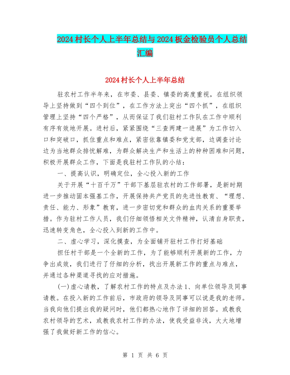 2024村长个人上半年总结与2024板金检验员个人总结汇编_第1页