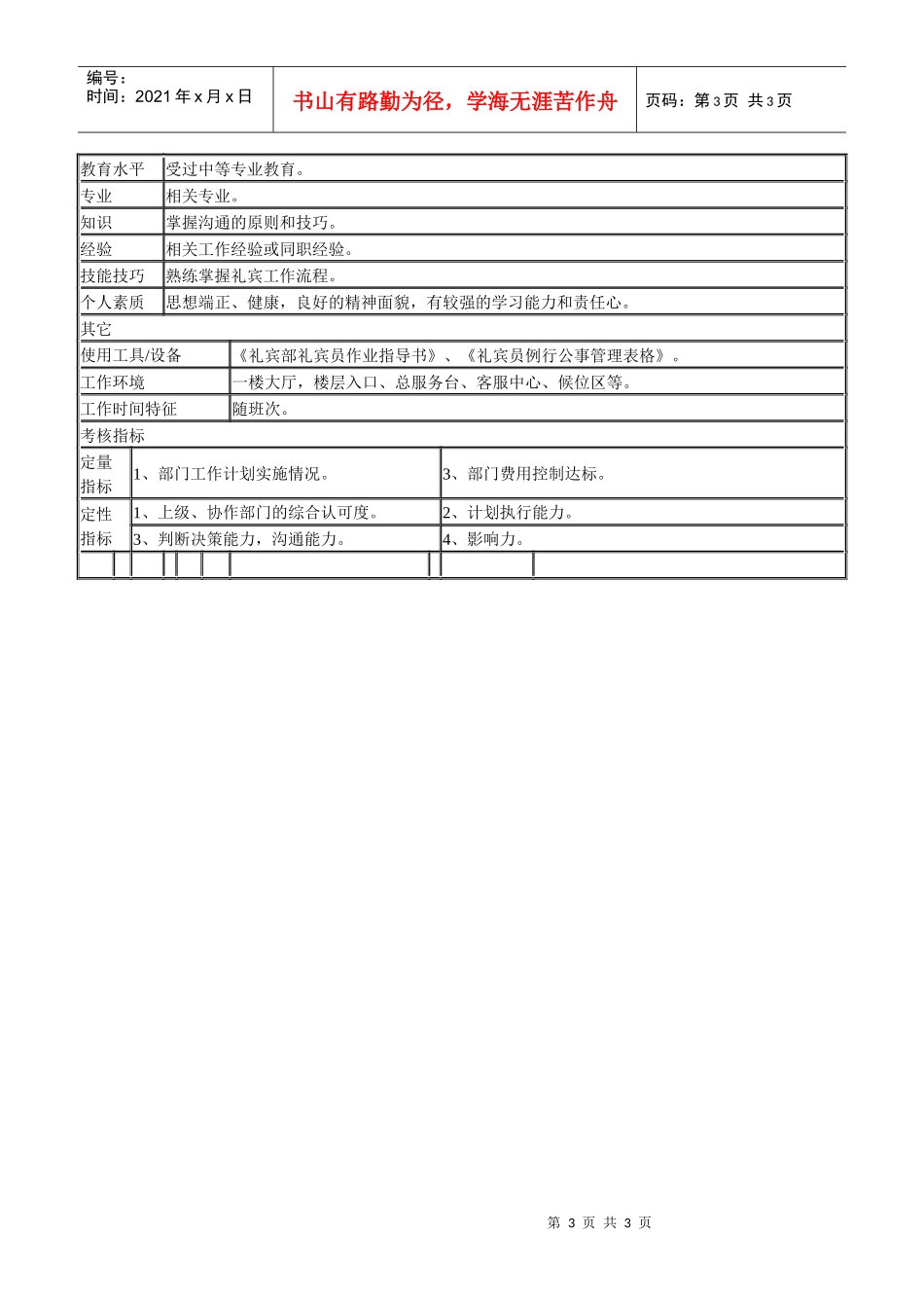 某连锁餐饮企业礼宾部礼宾员职务说明书_第3页