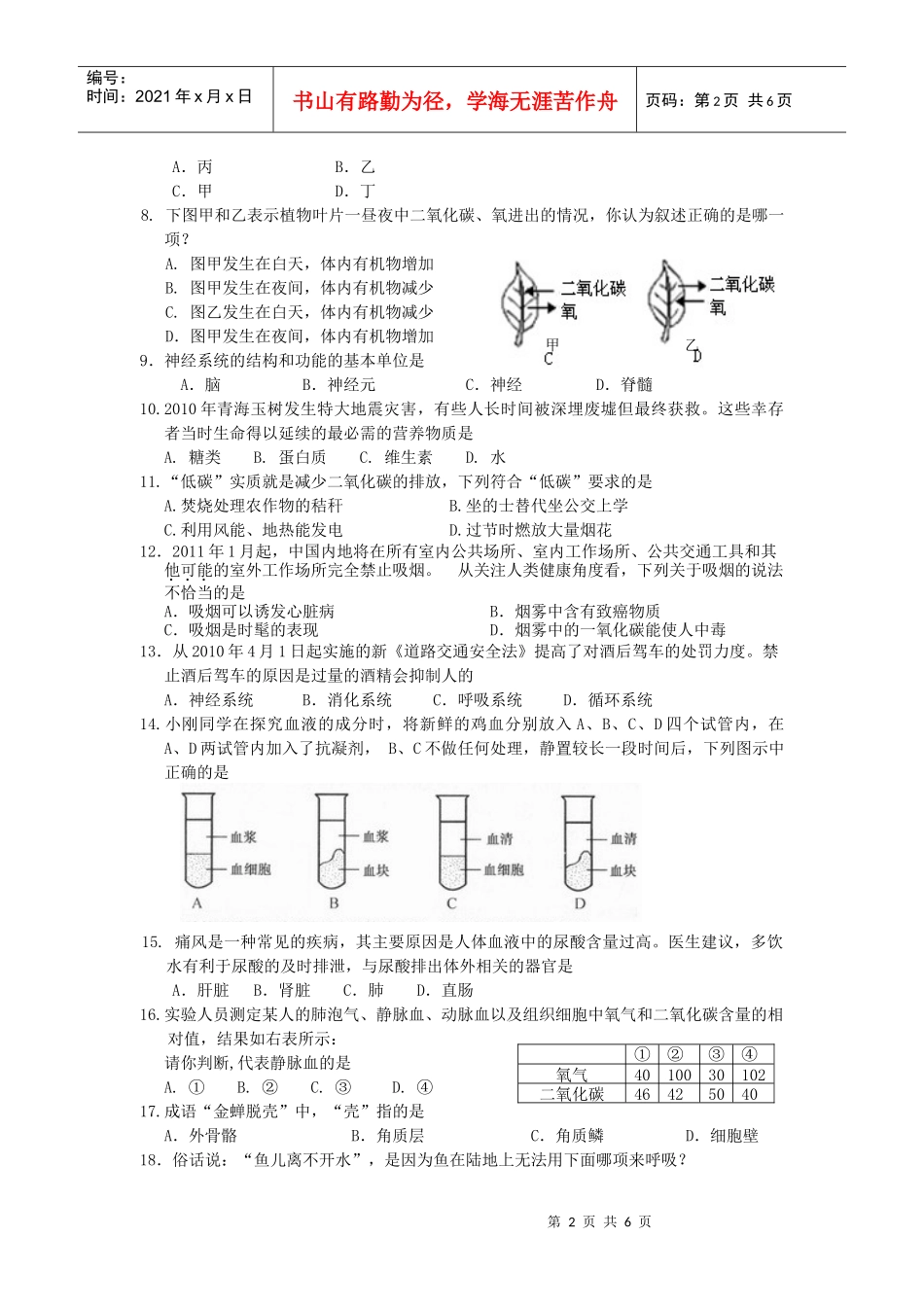 汕头市XXXX年初中学业统一考试生物会考样卷_第2页
