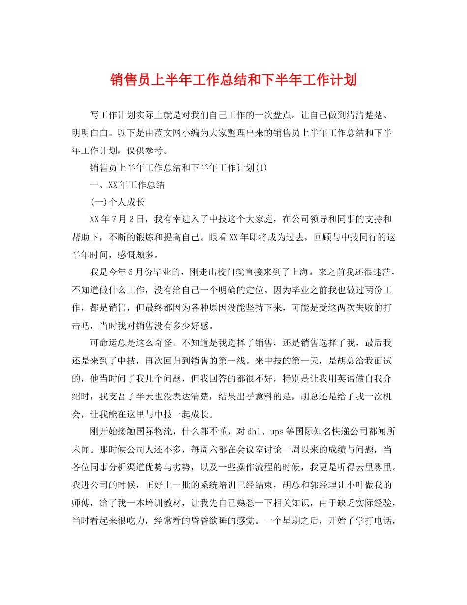 销售员上半年工作总结和下半年工作计划 _第1页