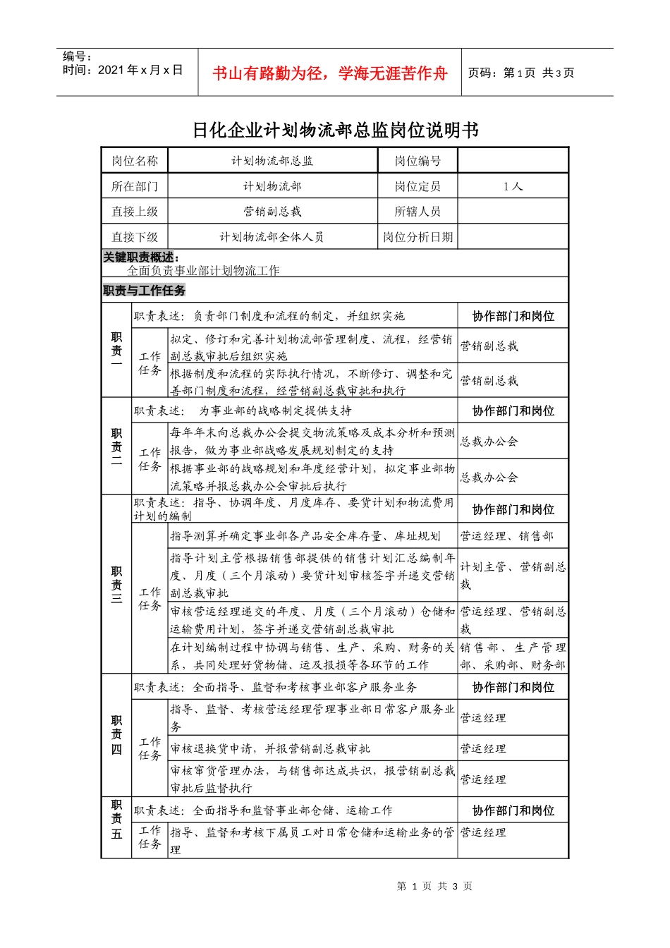 日化企业计划物流部总监岗位说明书_第1页