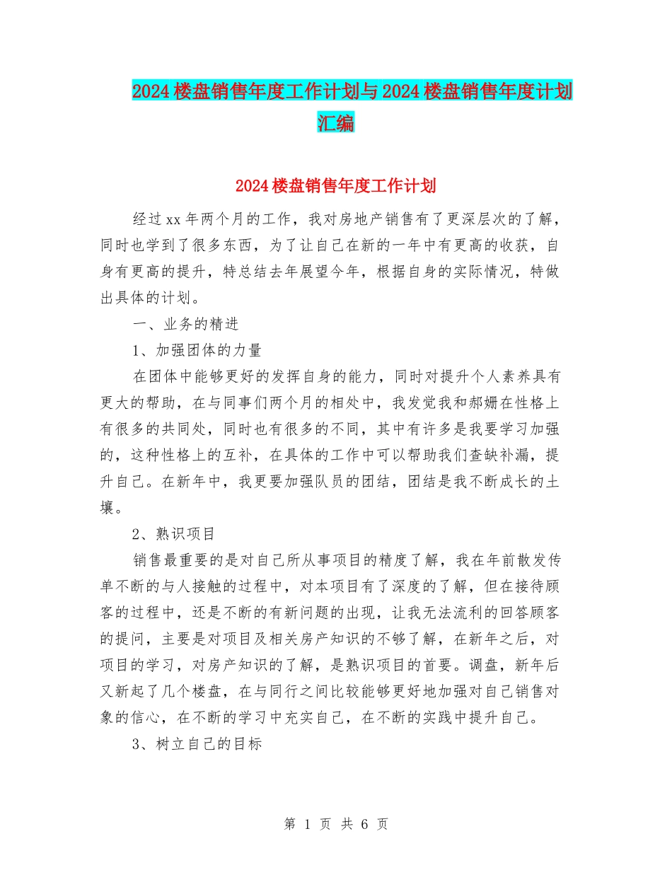 2024楼盘销售年度工作计划与2024楼盘销售年度计划汇编_第1页