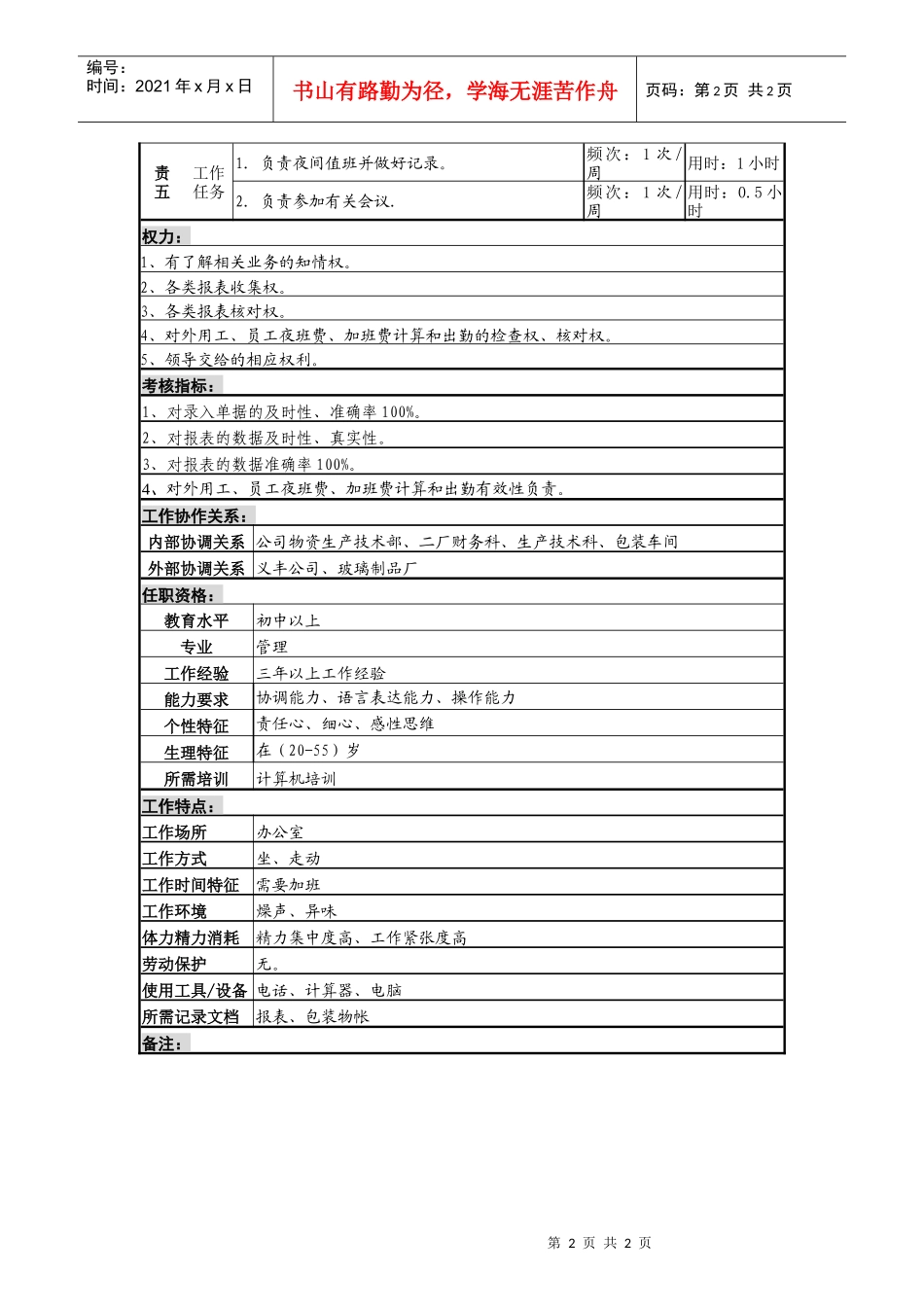 某啤酒企业瓶厂记帐员岗位说明书_第2页