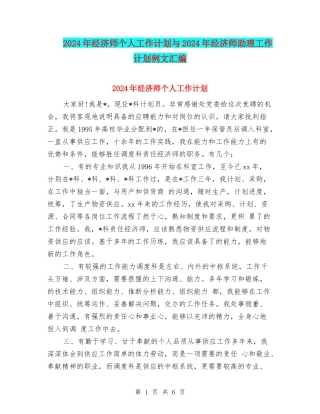 2024年经济师个人工作计划与2024年经济师助理工作计划例文汇编