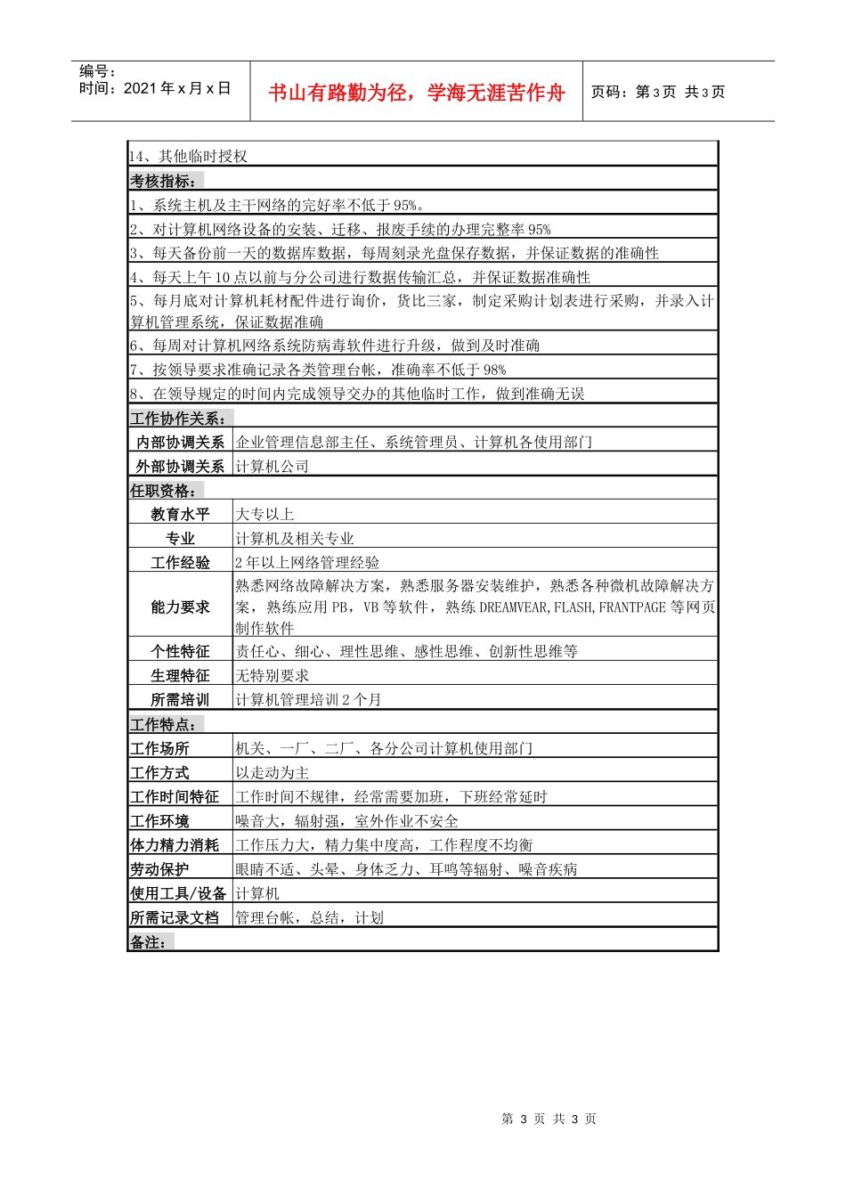 某啤酒企业分厂网络维护员岗岗位说明书_第3页