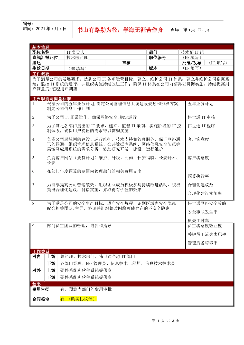 某大型电子公司IT负责人职位说明书_第1页