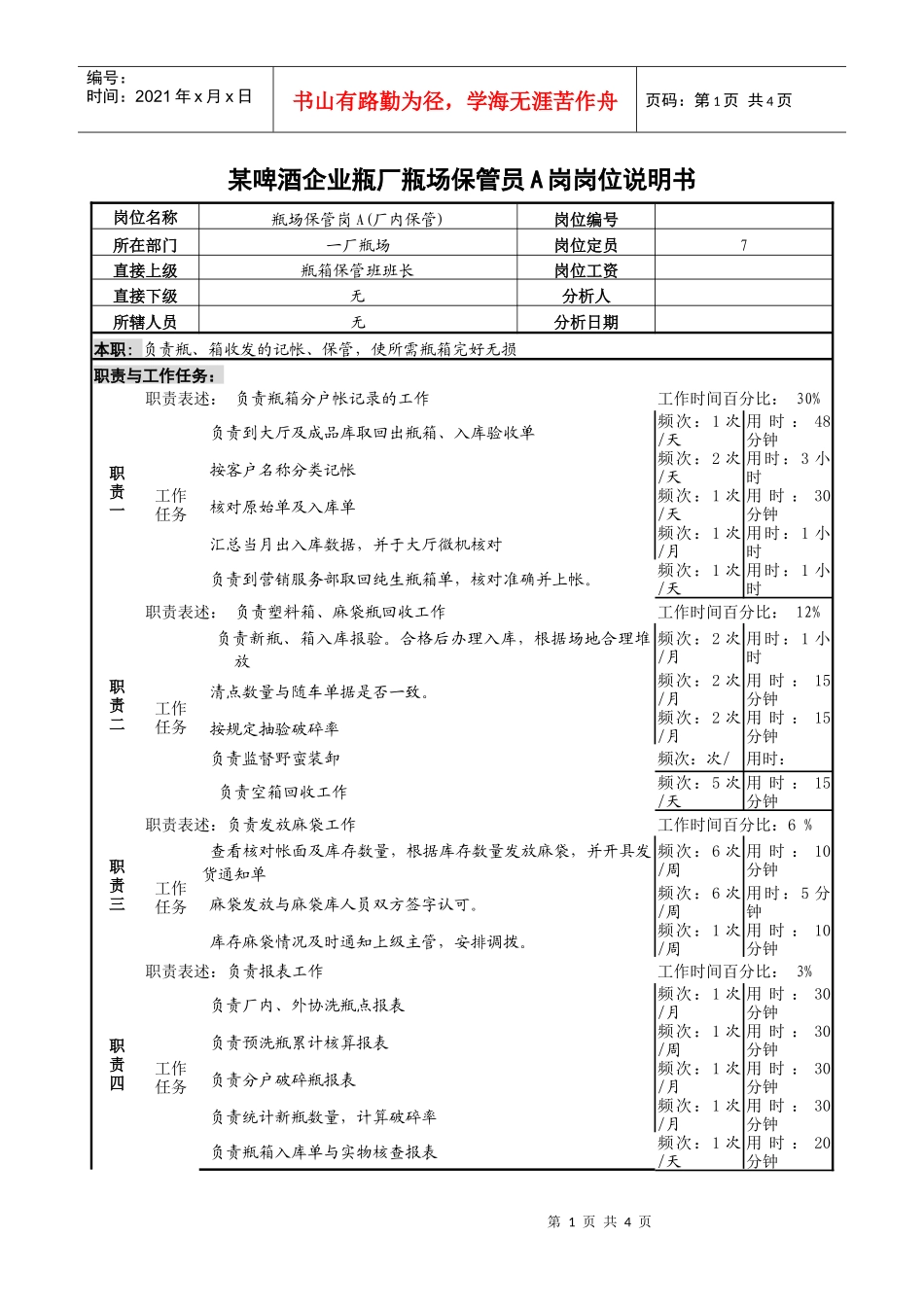 某啤酒企业瓶厂瓶场保管员a岗岗位说明书._第1页