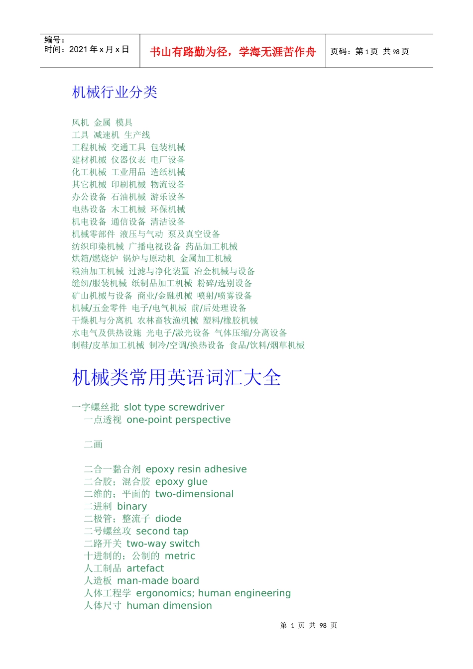 机械行业分类英语词汇_第1页