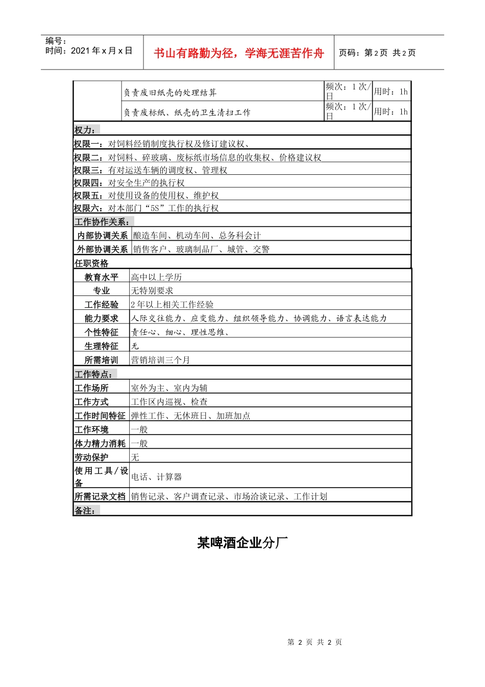 某啤酒企业分厂饲料管理员岗岗位说明书_第2页