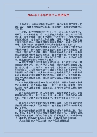 2017年上半年店长个人总结范文