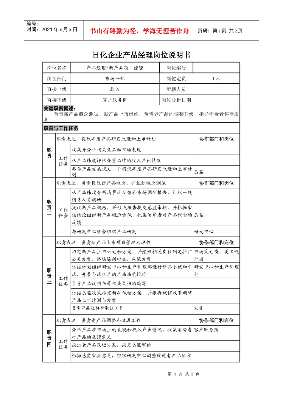 日化企业产品经理岗位说明书_第1页