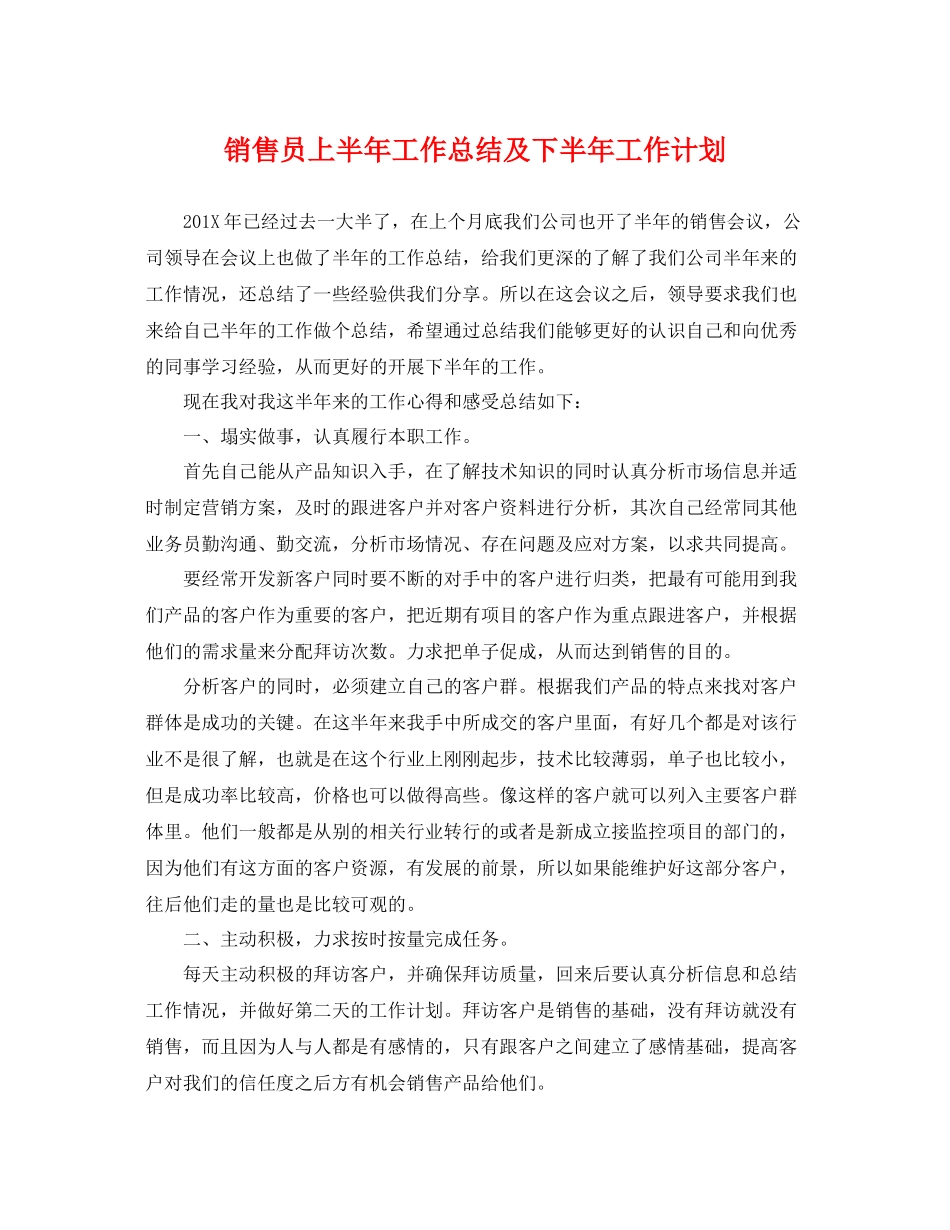 销售员上半年工作总结及下半年工作计划 _第1页