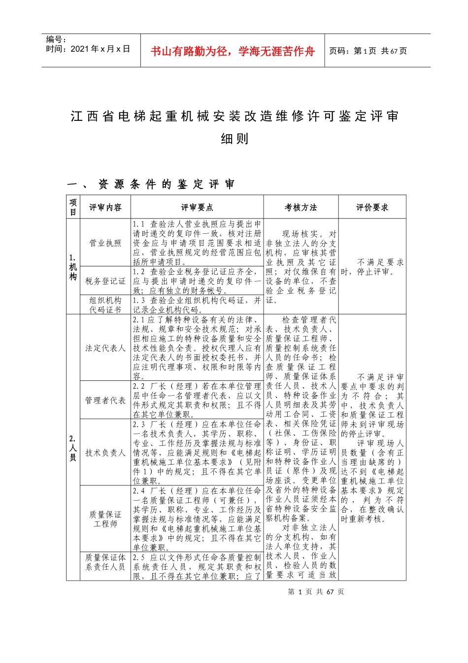 江西省电梯起重机械安装改造维修许可鉴定评审细则_第1页